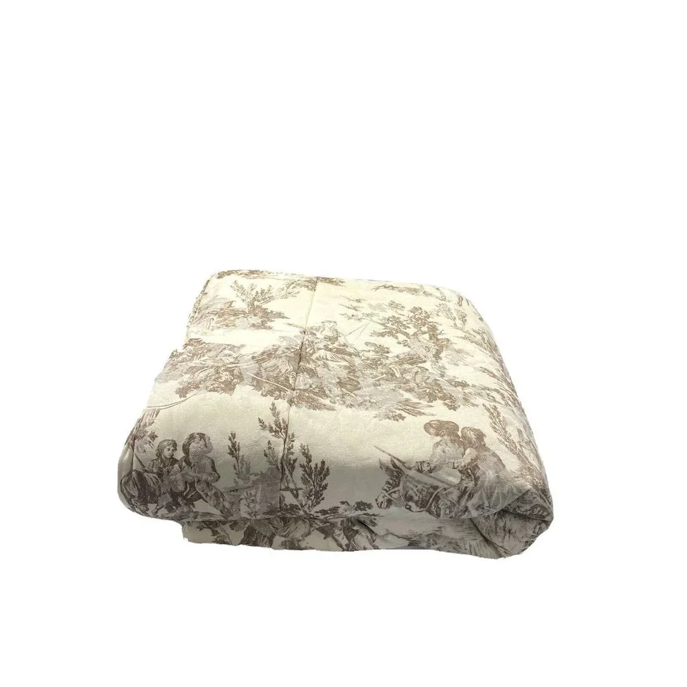 Vintage French Country Toile Comforter Full Queen Bedspread Brown Beige Print